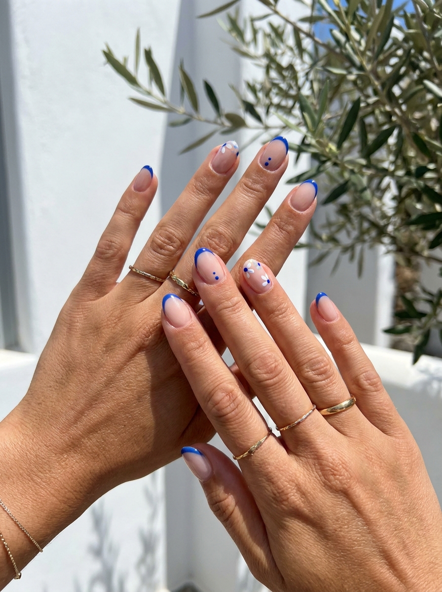 Short Greece Nails mit kurzen Nägeln und blauen Sommerdetails